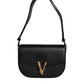 Black Grainy Calf Leather Logo Crossbody Shoulder Bag